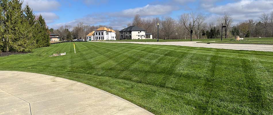 Weed-free home lawn along a concrete driveway near Zionsville, IN.
